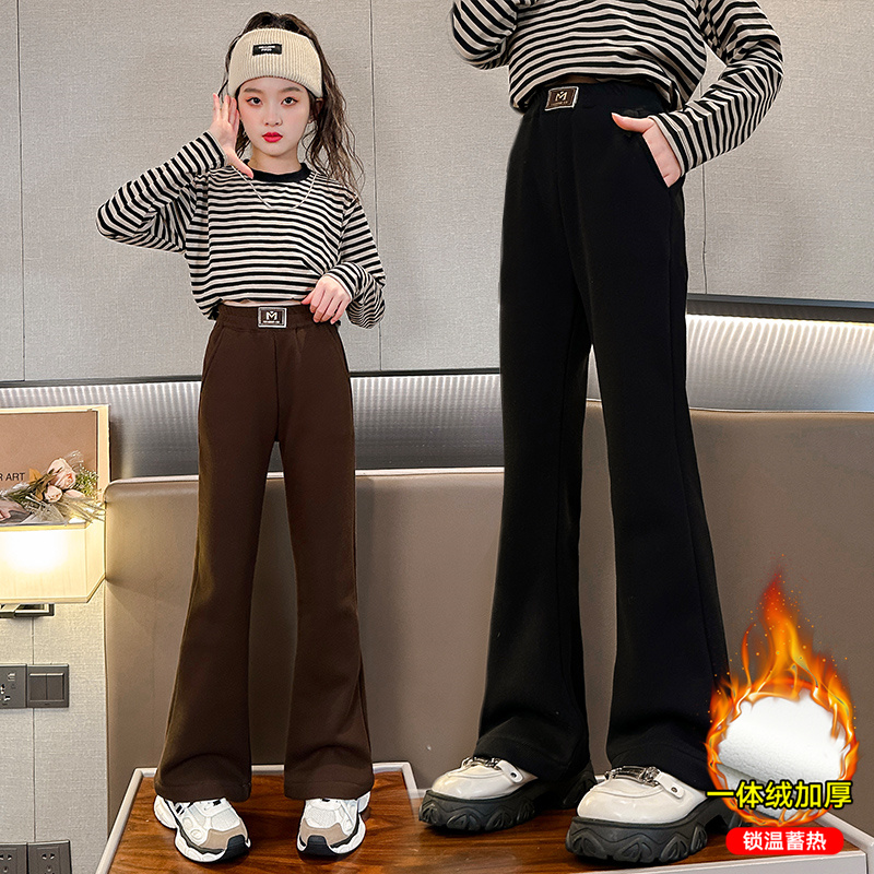 女童裤子加绒加厚儿童休闲裤冬季喇叭裤外穿秋冬款长裤中大童冬装