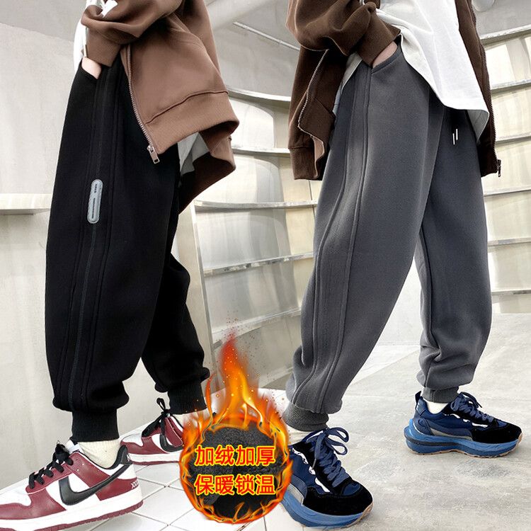 男童加绒裤子冬季春秋宽松休闲运动儿童中大童裤2023卫裤厚一体绒