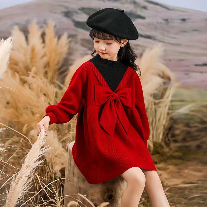 女童秋季红色连衣裙2023新款洋气儿童大童毛衣裙子女孩秋冬公主裙