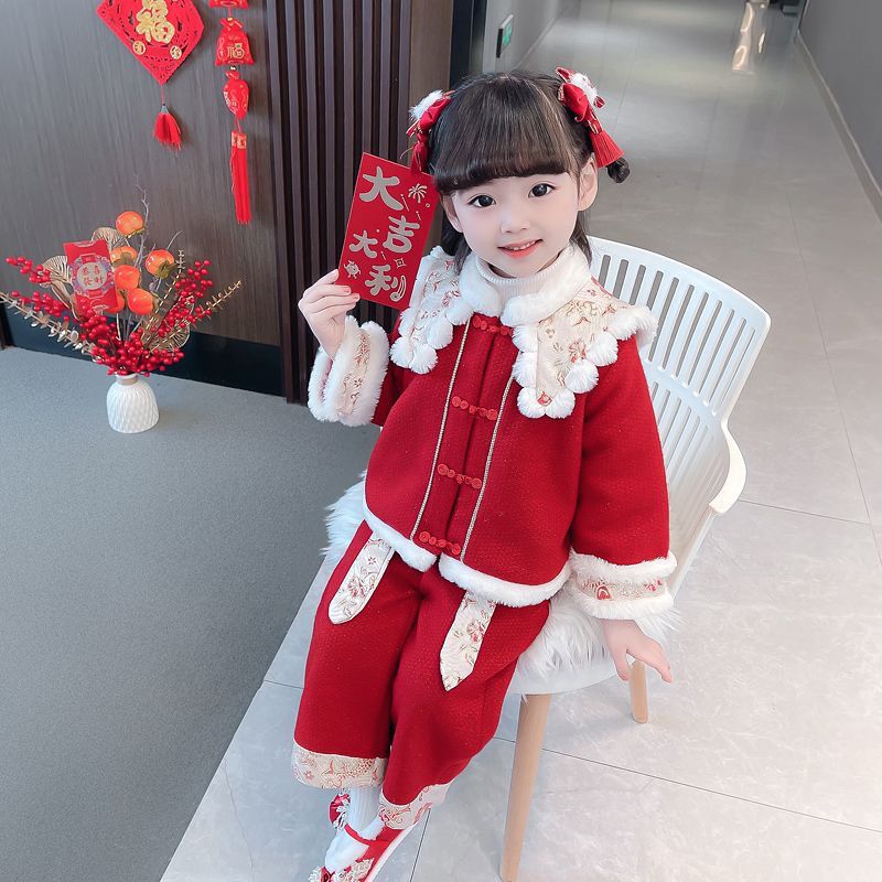 女童冬季新年套装加绒加厚中小儿童新款拜年服中国风宝宝周岁礼服