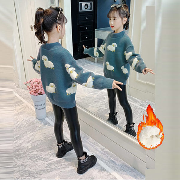 女童毛衣2023新款秋冬儿童加厚加绒宽松韩版洋气大童针织线衣打底