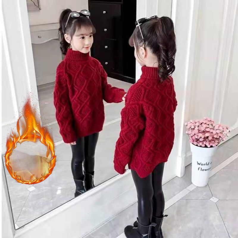女童毛衣2023新款冬装加绒中大童小女孩高领洋气加厚打底针织衫