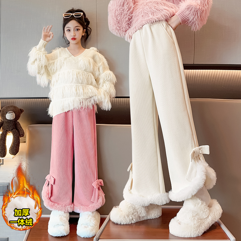 女童裤子洋气网红阔腿裤加绒加厚2023冬季新款儿童女孩时尚长裤