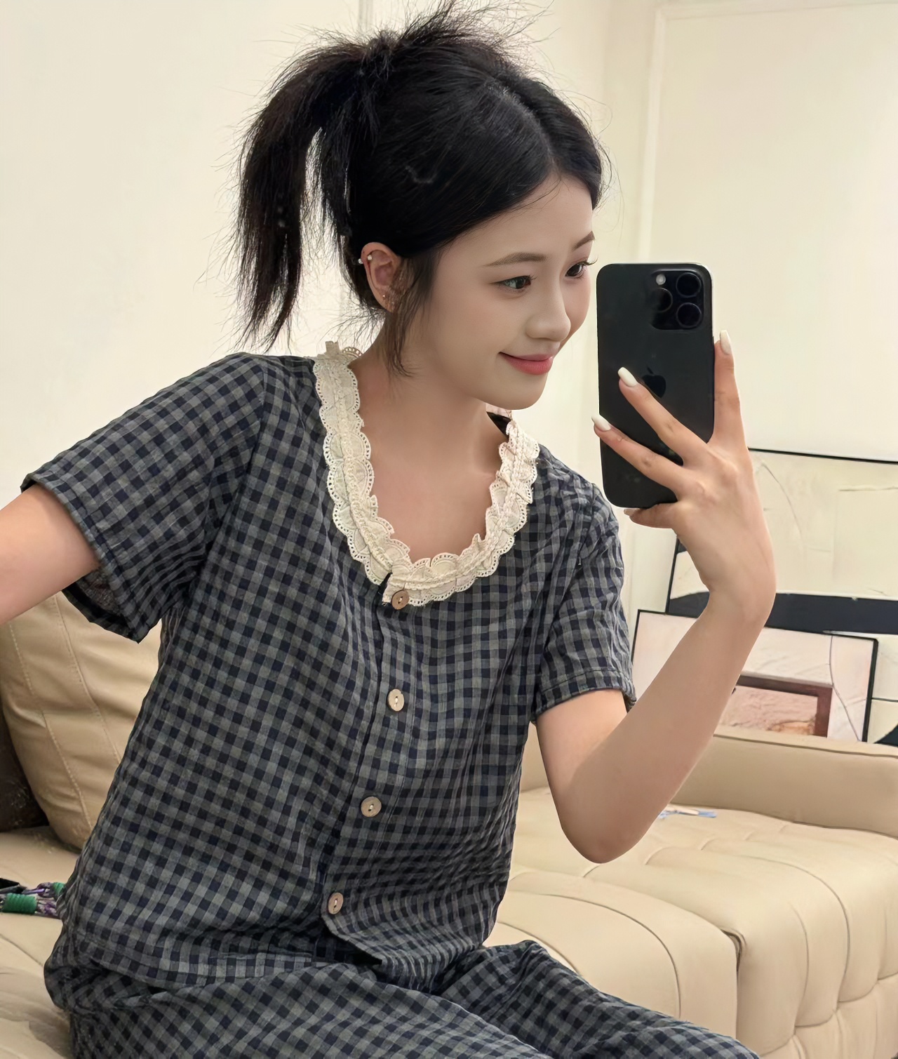 VINEEMAN【小香兰格】花朵圆领蕾丝夏季女短袖睡衣女款爆款2025新款