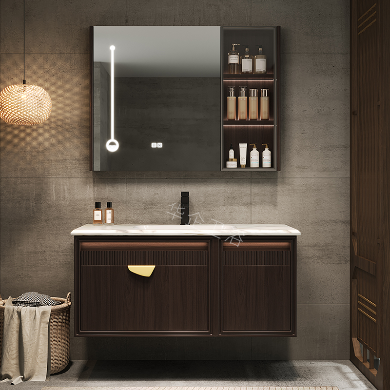 新中式乌金木烤漆浴室柜天然奢石无缝一体盆洗手盆洗脸盆柜组合