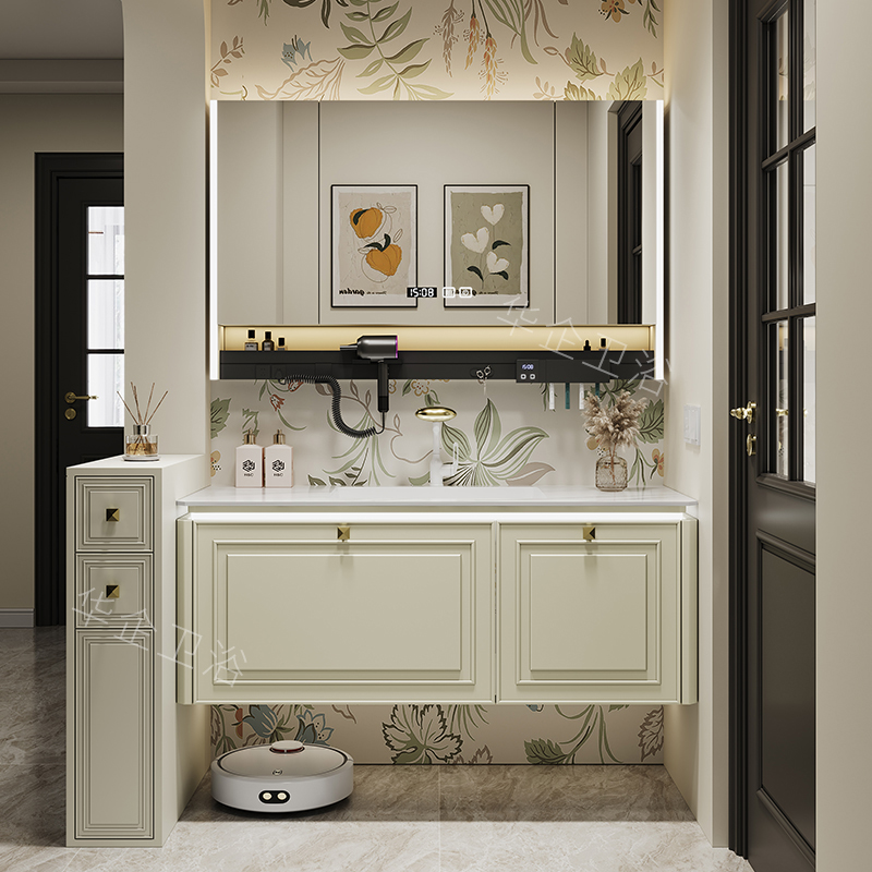 法式美式轻奢橡木烤漆浴室柜岩板无缝一体盆多功能智能镜柜组合