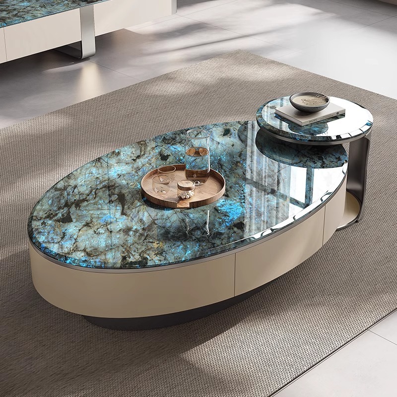 进口雪山蓝奢石组合客厅家用意式极简椭圆形设计高级感意式