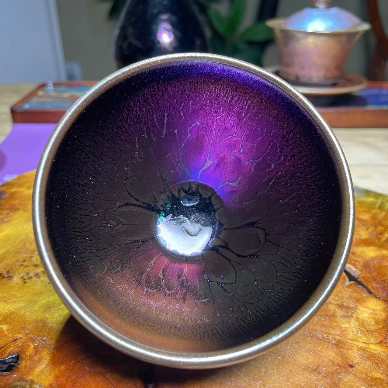 微瑕七彩麒麟纹建盏主人杯龙窑建盏品茗杯上等茶盏釉面烧制
