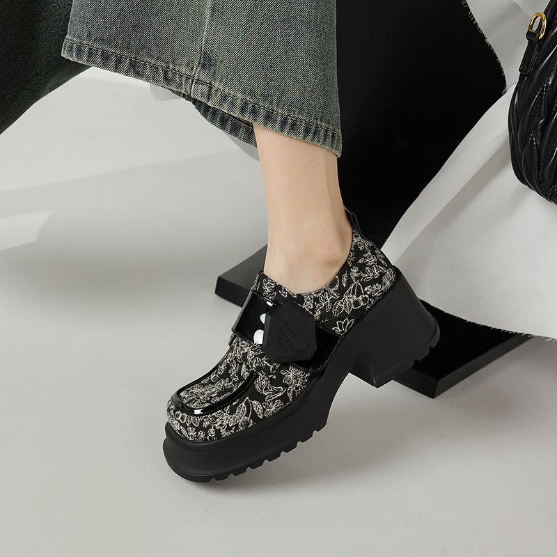 羊皮+布 6cm跟 专柜新款超轻厚底增高魔术贴时装休闲四季乐福鞋