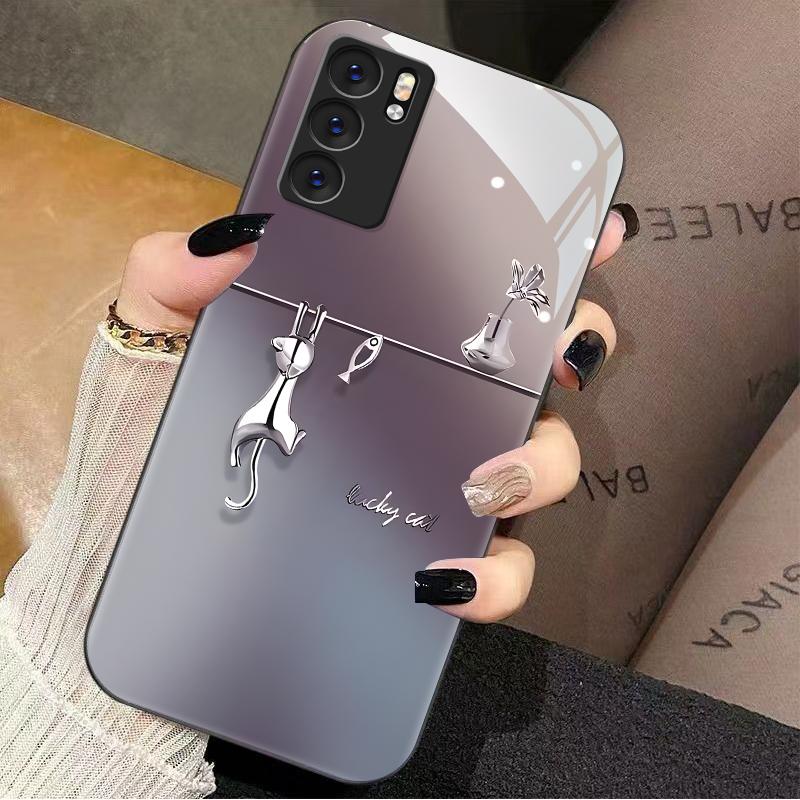 OPPOreno6 5g手机壳RENO6 5G玻璃暗紫猫鱼女款防摔简约创意全包时