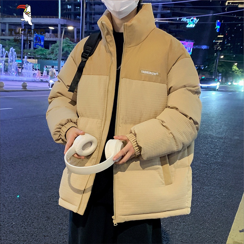 啄木鸟灯芯绒棉服男冬季潮牌立领棉袄港风撞色拼接防寒加厚棉衣
