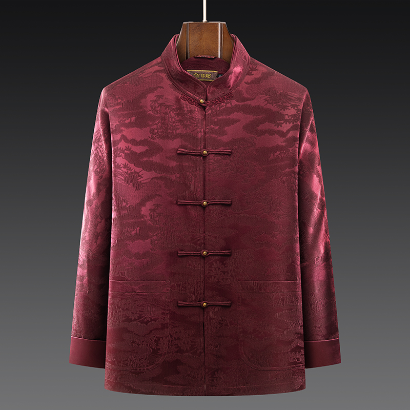 高档桑蚕丝中年连袖唐装春秋外套中国风中式宴会喜爸爸唐装外套