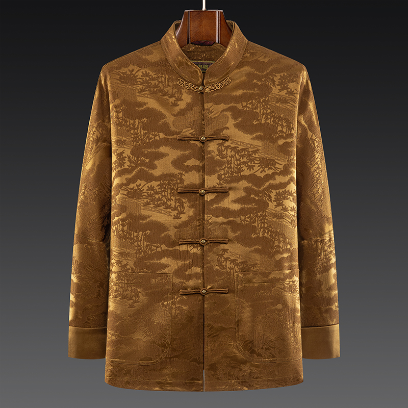 高档桑蚕丝男士唐装春秋外套 中式连袖上衣中国风老年人新款外套
