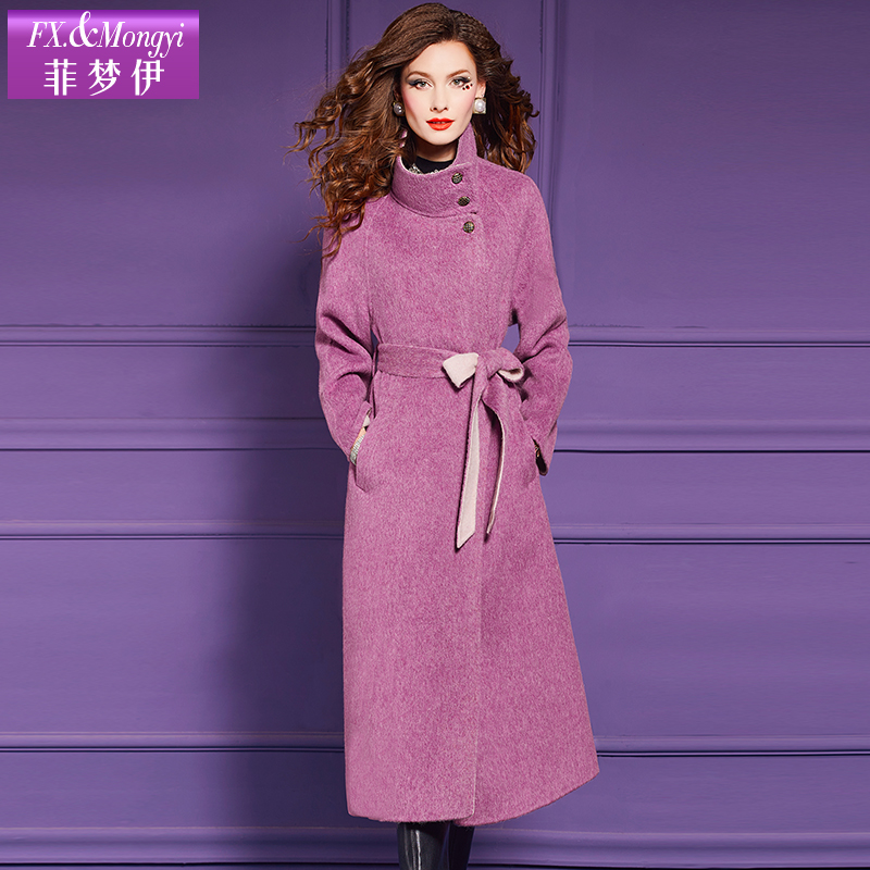菲梦伊绵羊毛大衣女冬季立领简约收腰阔太太中长款毛呢外套60807