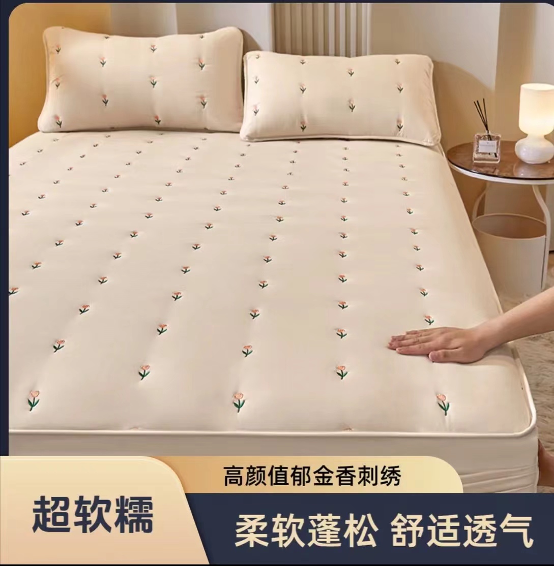 A类刺绣夹棉加厚床笠床垫保护套床套罩防滑床裸睡床笠床垫套 床罩