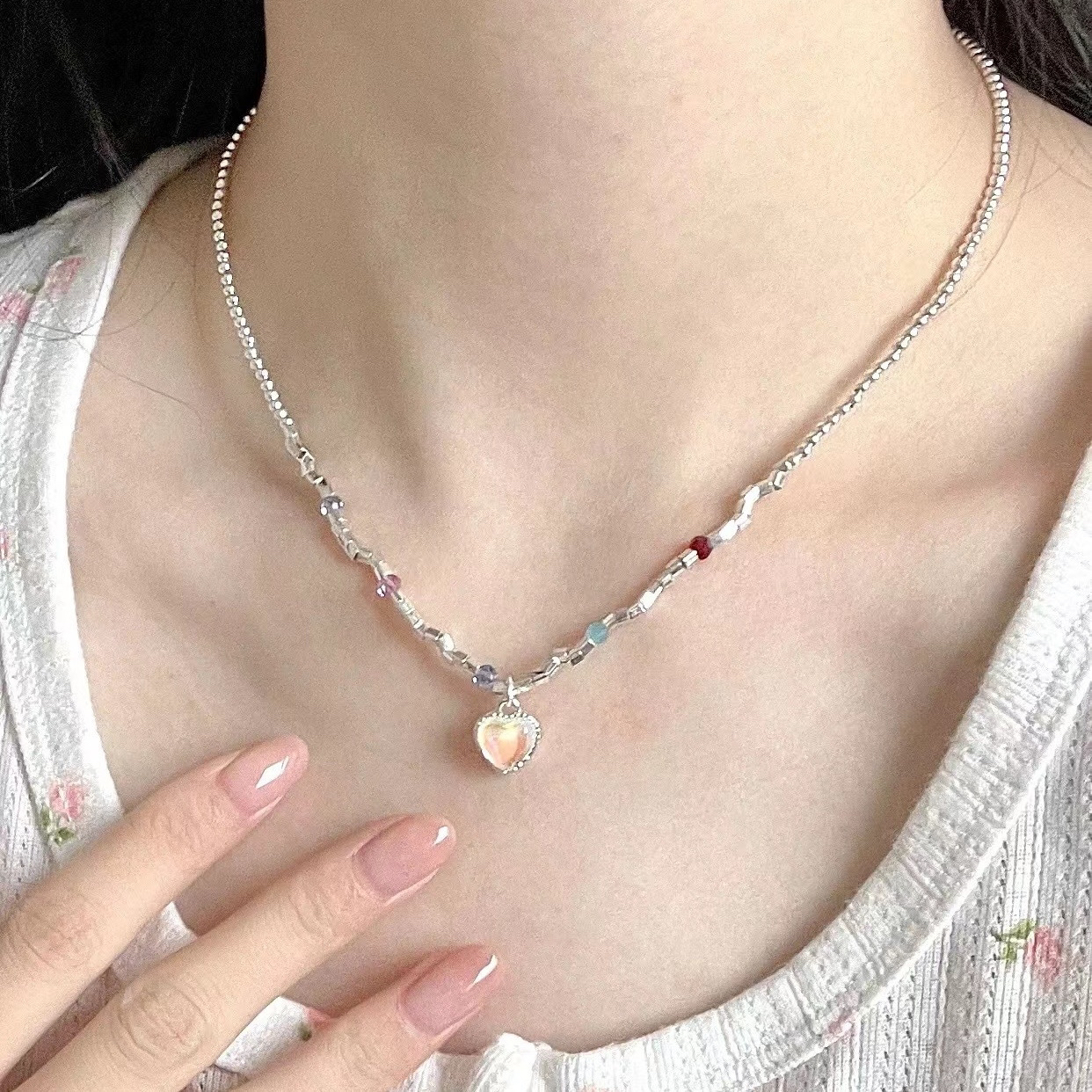钛钢项链 月光爱心项链甜美小清新串珠爱心锁骨高级设计感颈链女