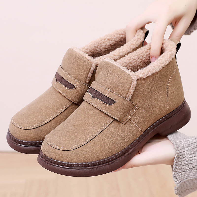 冬季女士加绒保暖软底雪地靴休闲棉鞋反绒鞋面短靴中老年妈妈鞋