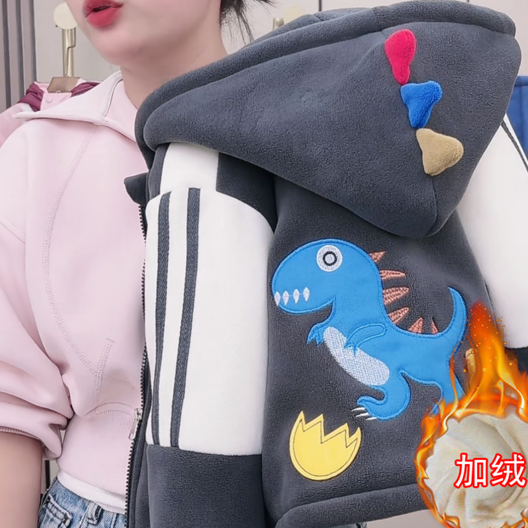 童装奥利绒恐龙外套加绒加厚儿童装2025新款秋冬款男宝宝毛毛衣