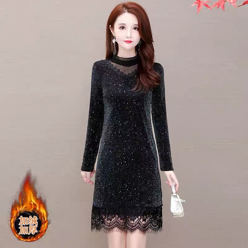 中长款保暖衣服秋冬新款时尚妈妈遮肚子显瘦连衣裙加绒蕾丝打底衫
