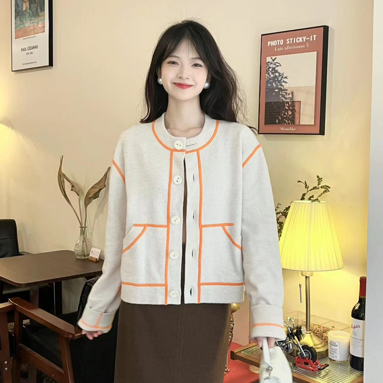 GIRDEAR/哥弟【沐橙】秋季圆领百搭拼接针织衫1499220-7T35383-037