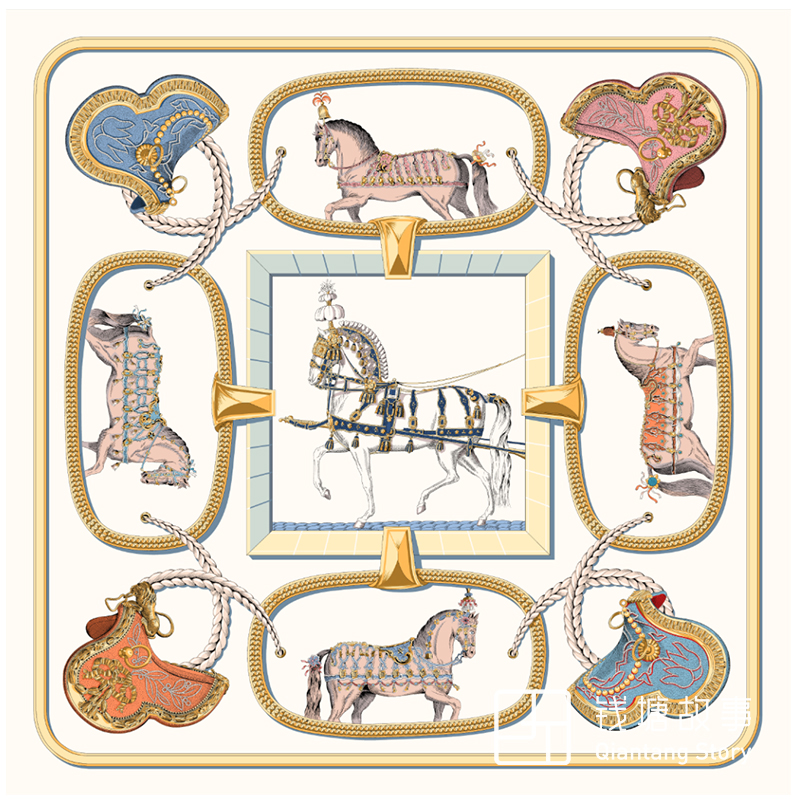 Qiantang Story/钱塘故事110方巾-提花缎斜纹米色骏马盛宴108*108