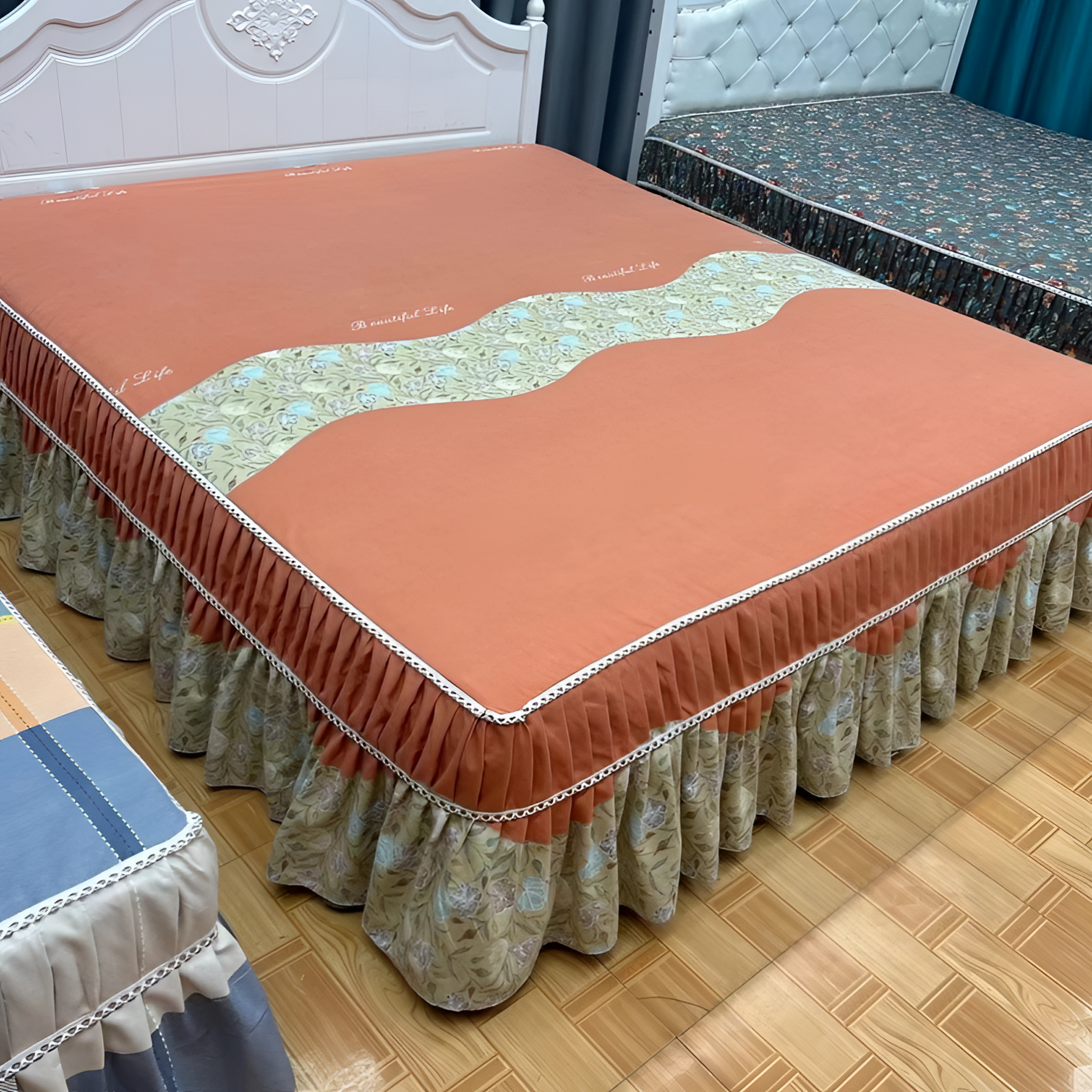 精品床罩单件双人床（橘色）底边颜色随机裁剪花边轻奢床裙床套罩