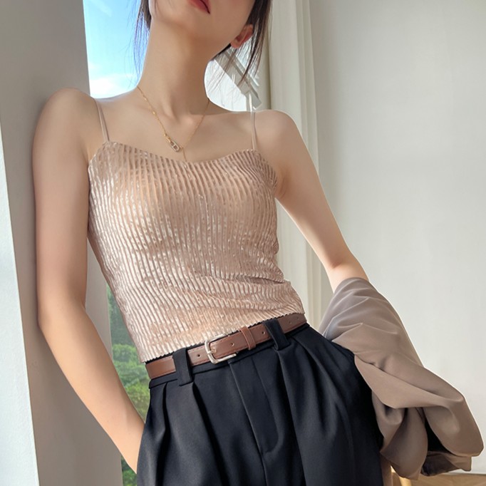 2023秋冬显瘦丝绒吊带背心女带胸垫百搭美背辣妹修身内搭无袖上衣