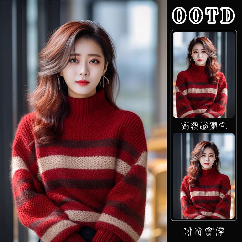 新年红色高领撞色条纹毛衣女春季2025新款小香风宽松加厚针织上衣