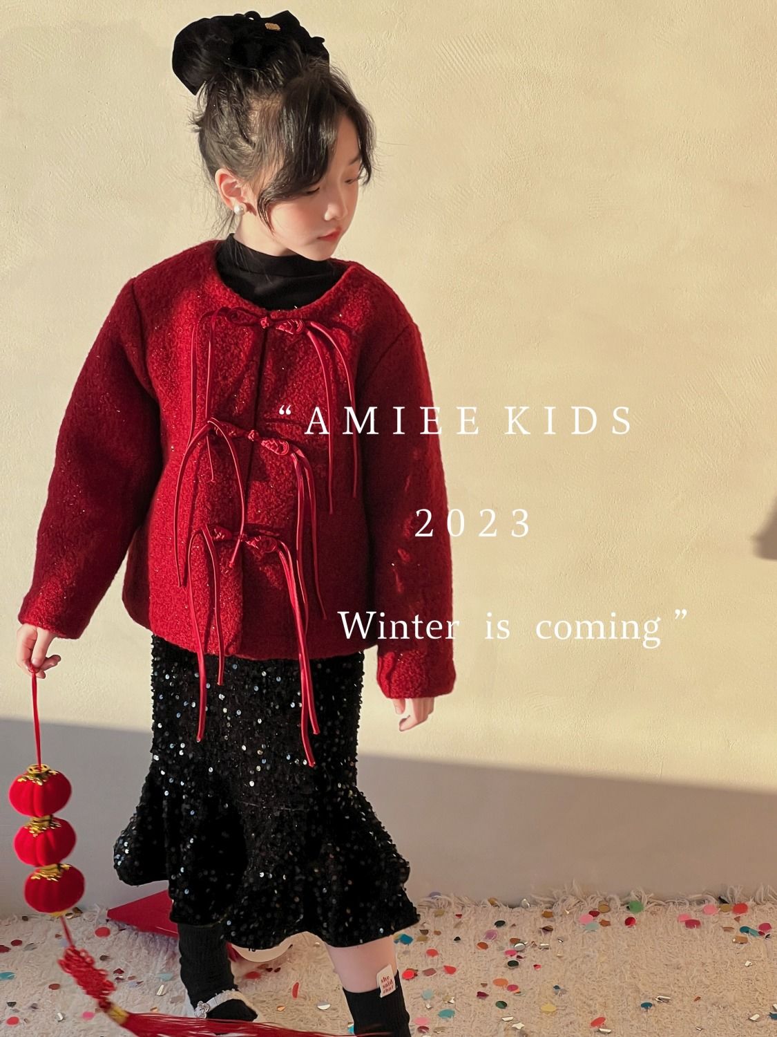 女童冬季外套2024新款拜年服加绒加厚圣诞爆款中国风盘扣毛呢大衣