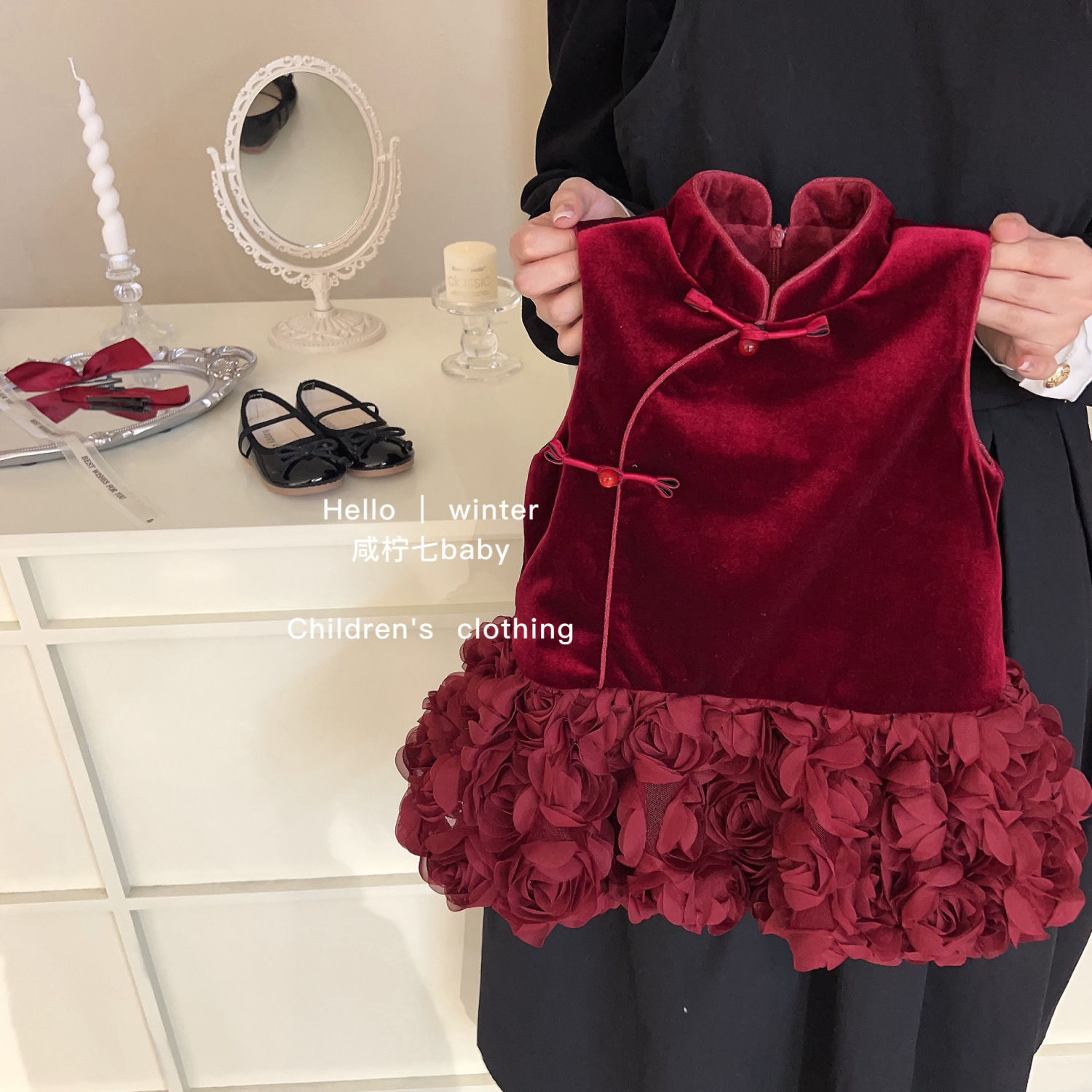 女童冬季拜年服背心裙中小童加绒旗袍儿童裙子宝宝周岁公主裙礼服