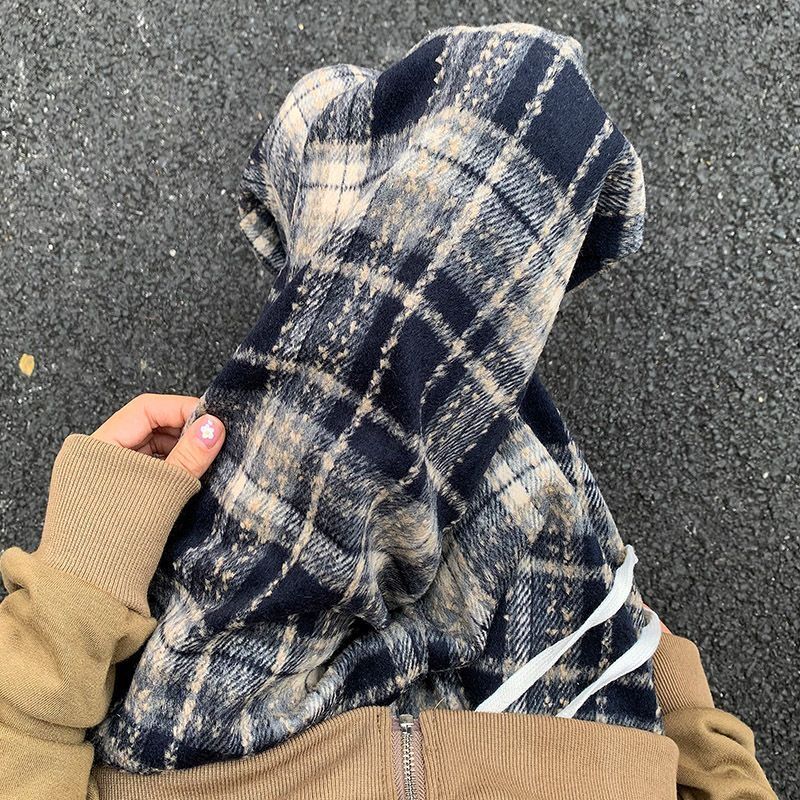 CX毛呢加绒格子裤秋冬高腰经典复古黑色休闲直筒裤显瘦窄版阔腿裤