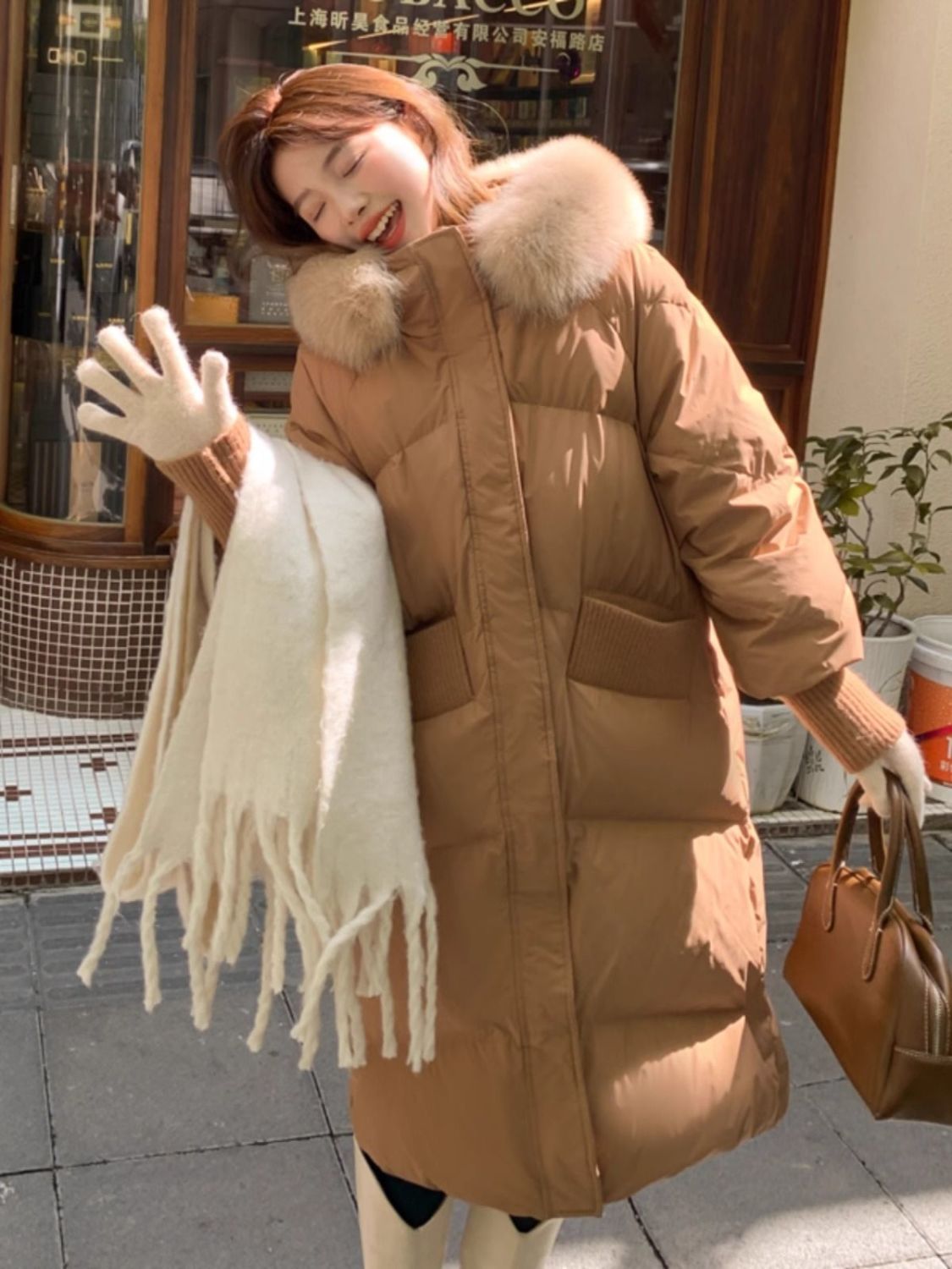 2023新款羽绒服女中长款过膝狐狸大毛领韩版加厚宽松白鸭绒外套冬