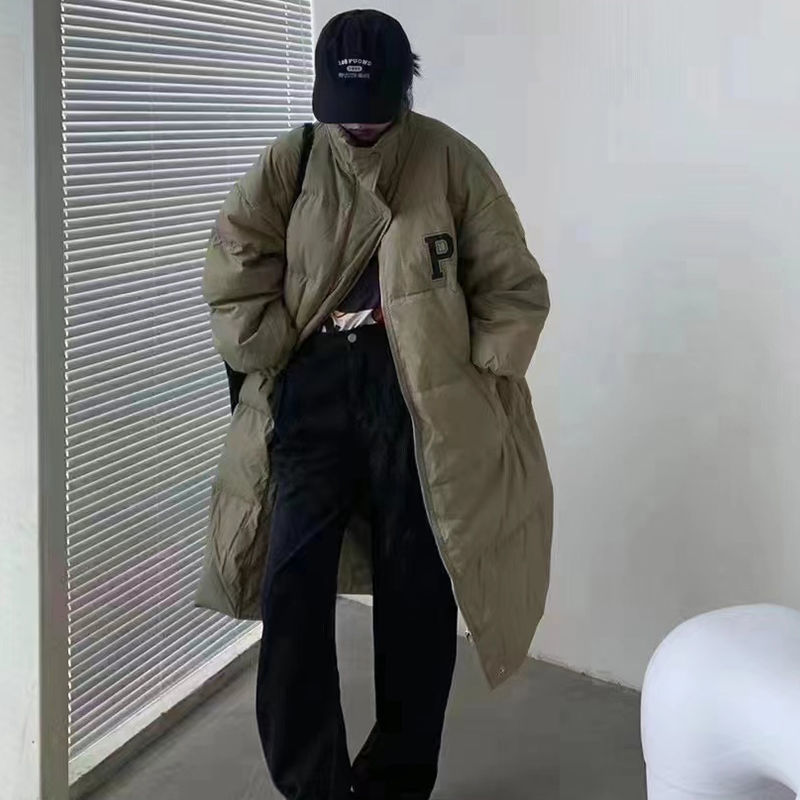 2023新款大P字母款羽绒服女中长款韩版宽松大码白鸭绒加厚外套潮