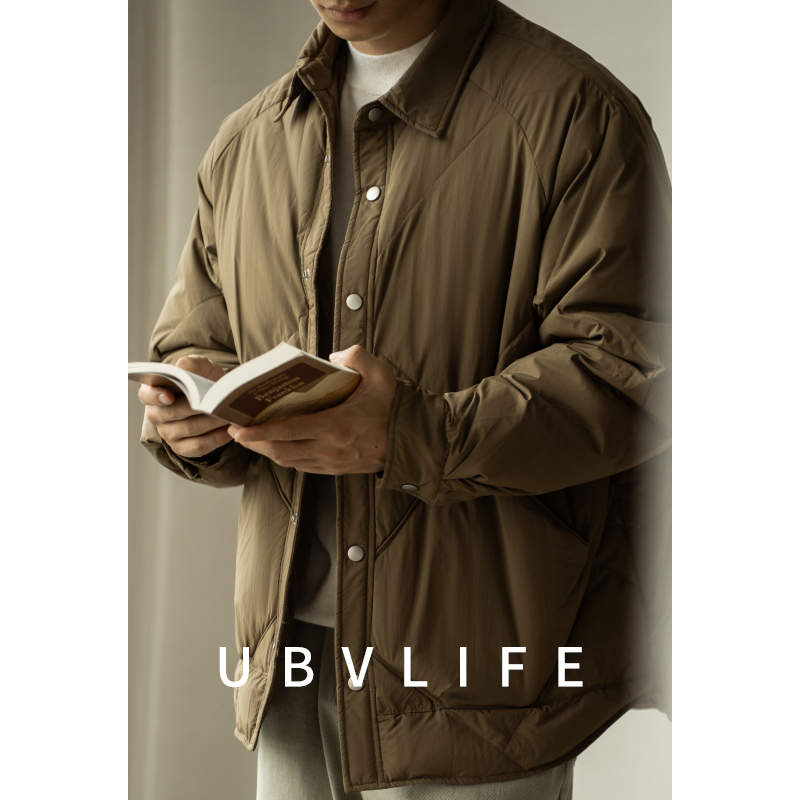 轻量化90绒翻领衬衫领羽绒服冬季男士2025冬菱格工装保暖微阔外套