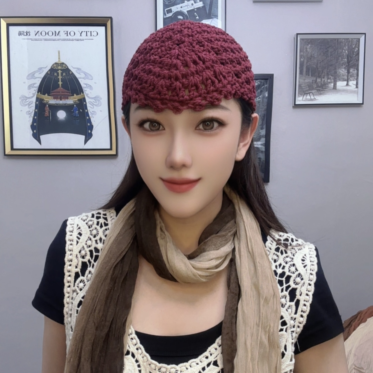 秋季新款麻线美人尖帽子镂空花拍照必备帽