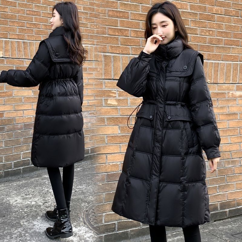 波司澄2023新款羽绒棉服女中长款修身收腰海军立领黑色棉衣百搭加