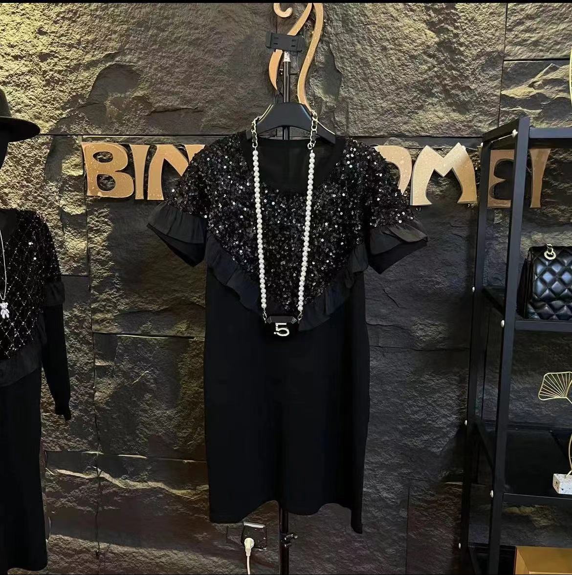 新款现货夏季欧版拼接亮片连衣裙1006