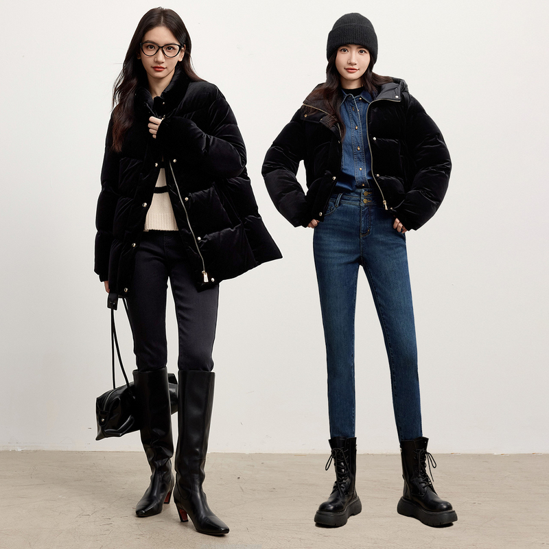 伊芙丽高腰加绒发热牛仔小脚裤女24冬保暖修身显瘦长裤1FA953321