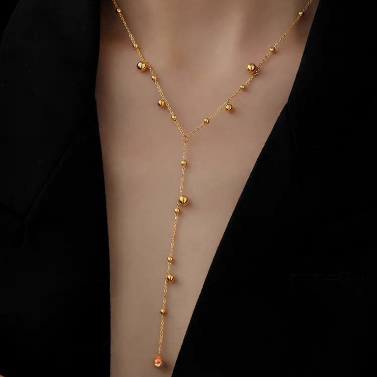 钛钢项链 欧美风长流苏珠珠项链