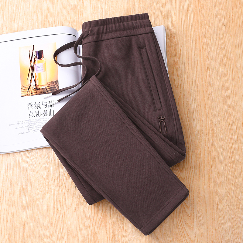 深咖色加绒运动裤女秋冬大码宽松显瘦直筒裤保暖外穿休闲卫裤欧货