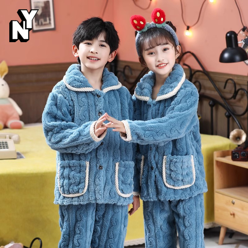 NY高品质儿童法兰绒睡衣冬季加厚保暖珊瑚绒男女童外穿家居服套装