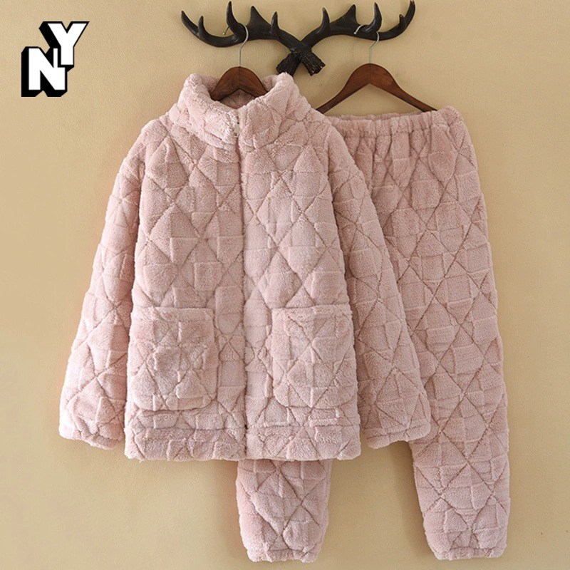 NY冬季珊瑚绒睡衣女夹棉三层加厚加绒保暖家居服套装男加肥加大码