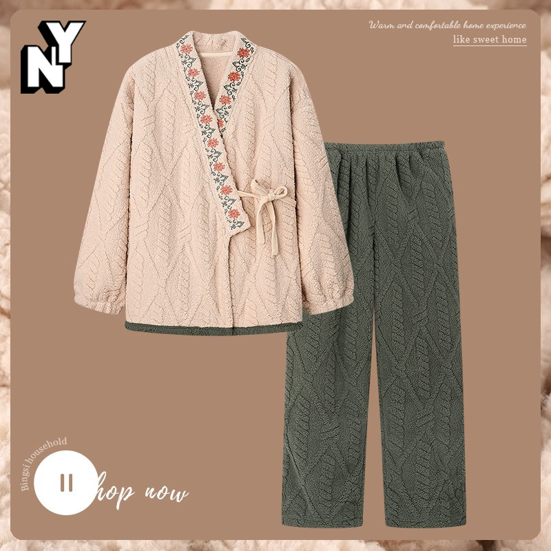 NY中式国风珊瑚绒睡衣女套装秋冬季宽松加厚加绒保暖法兰绒家居服