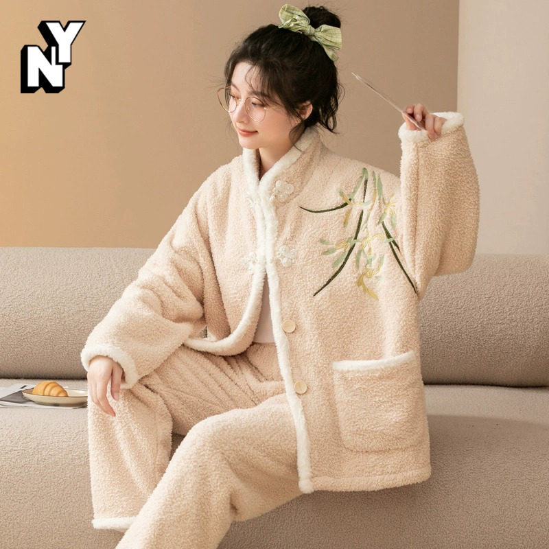 NY新中式珊瑚绒睡衣女套装秋冬季米粒绒国风加绒保暖法兰绒家居服