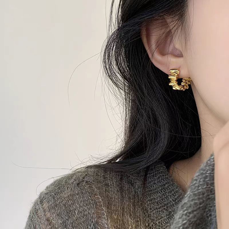 铜合金耳饰 不规则耳环女轻奢小众设计金色复古耳圈个性耳环1803