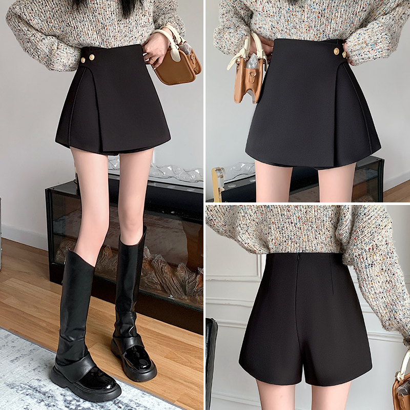 2024秋冬新款毛呢A字高腰显瘦遮肚子裙裤女设计感短裤外穿靴裤