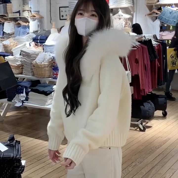 韩系大毛领连帽拉链慵懒千金风毛衣开衫外套秋冬高级感针织衫上衣