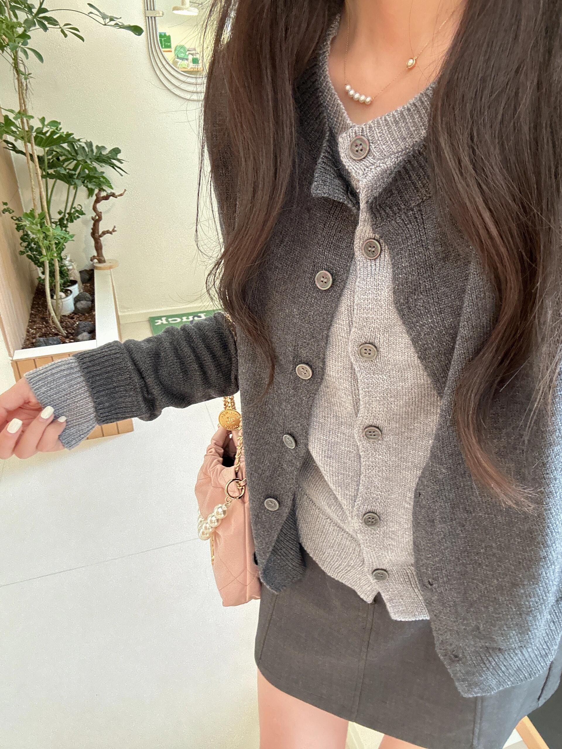 韩系撞色早秋假两件针织毛衣外套春秋设计感拼接上衣打底衫女开衫