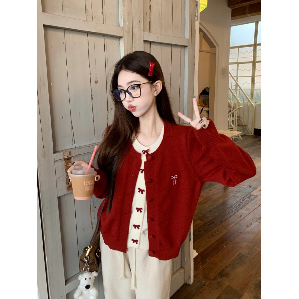 红色复古设计感假两件毛衣开衫女秋冬季减龄蝴蝶结刺绣针织衫上衣