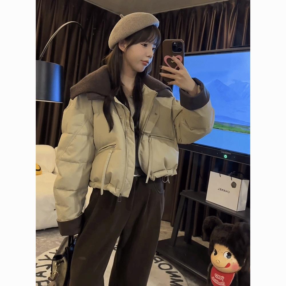 波司登网红针织翻领短款羽绒服女冬新款设计感拼接加厚保暖撞色面